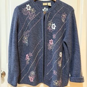 Linden Hill Gray Knit Cardigan with Floral Accents Crochet knitted grandpa